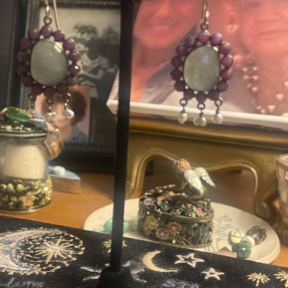 Jes Maharry SS,aquamarine, Rubys+ pearl earrings